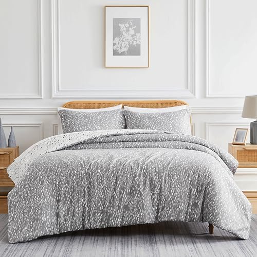 Reversible King/California King Duvet Cover Set Soft Botanical Leaves