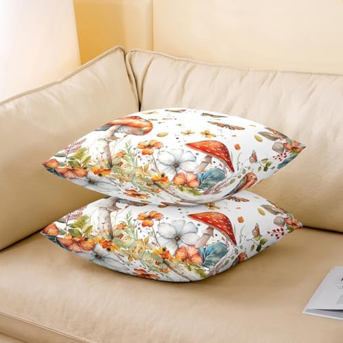 Red Mushroom Pack of 2 Pillow Covers,Jungle Botanical Plants Flowers