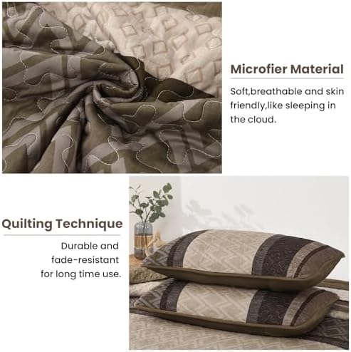 Dinjoy Boho Queen Quilt Set, Striped Soft Bedspread, Taupe