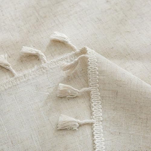 Round Fringed Tablecloth, Beige Linen-Look PVC - Waterproof Oilproof