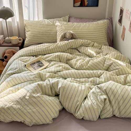 Vintage Striped Duvet Cover Queen Size 3Pcs Washed Cotton Retro