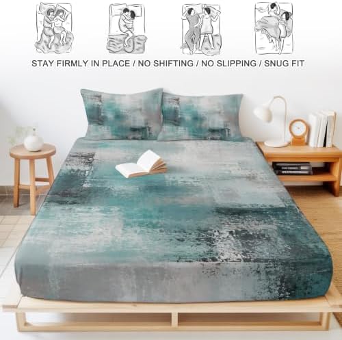 Fitted Sheets Elastic Deep Pocket Bed Sheet Twin XL Cyan Gray Graffiti