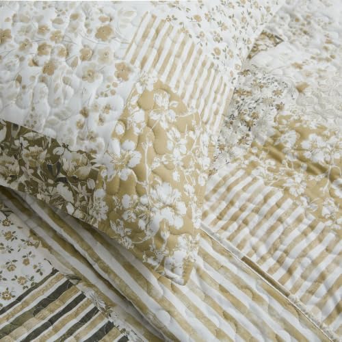 HORIMOTE HOME Patchwork Quilt Set King Size, Beige Plaid Floral Stripe