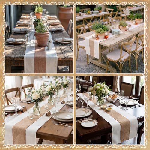 Boao 10 Pack Burlap Table Runners 12 x 108 Inch, White Edges Wedding