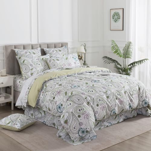 FADFAY Queen 100% Cotton Duvet Cover Set 3 Pieces Sage Green Paisley