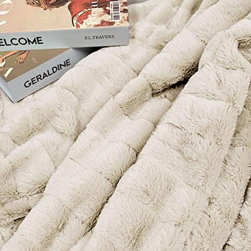 Stripe Faux Fur Throw Blanket with Sherpa Back, 50"x60", Beige
