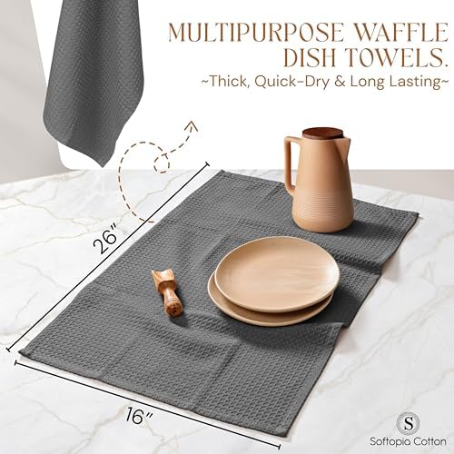Gray Waffle Kitchen Dish Towels, 100% Cotton, Quick Dry, Super