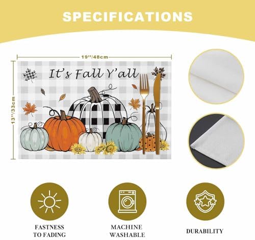 Placemats Set of 8, Thanksgiving Fall Pumpkin Maple Leaf Washable