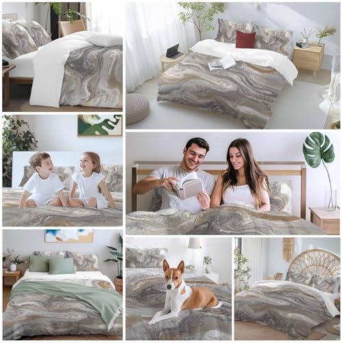 LooPoP Duvet Cover Set Queen Size Grey Marble Comforter Sets 3 Pieces