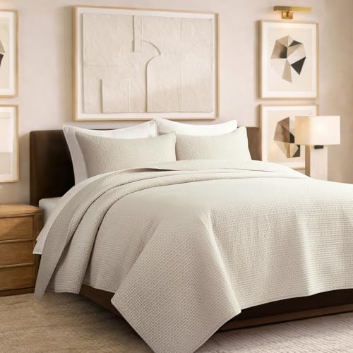 EverGrace Cotton Sateen Pick-Stitch Quilt Set, King Size, Parchment