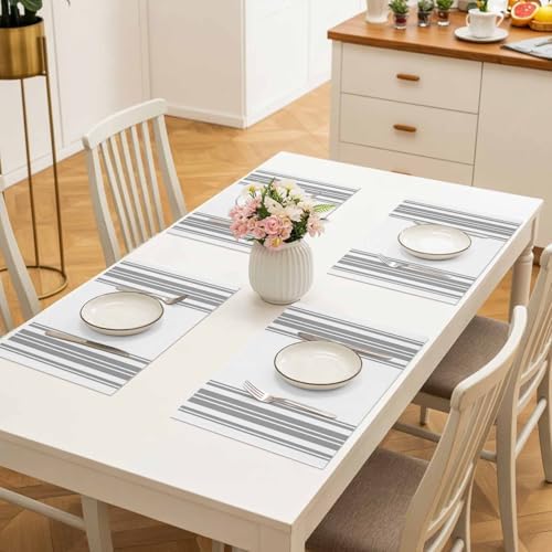 Placemats Set of 8, Grey Lines on White Washable Table Mats for Dining
