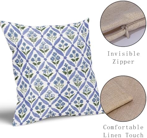 Blue Green Floral Block Print Pillow Covers 20X20 Set of 2, Flower