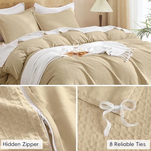 PHF Waffle Duvet Cover Queen, Ultra Soft & Breathable, 90"x90", Khaki