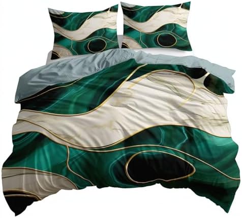 King Duvet Cover Set Abstract Marble Golden Lines, Gray Blue Quilt