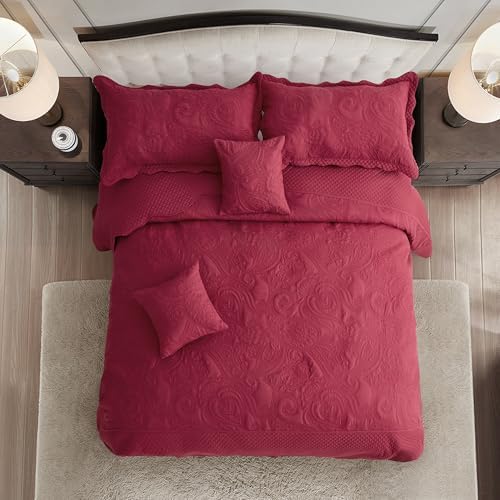Oversized King Bedspreads 128x120, Stitched Paisley, Wine Red