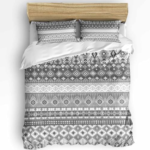 Duvet Cover Set Full, Tribal Gray Geometric Bohemian 3 Piece Bedding