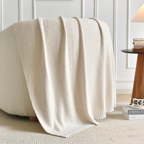 Chunky Knit Boucle Throw Blanket, Soft Washable Coastal Blanket for