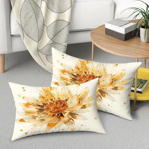 Floral Throw Pillow Covers Set of 2, Cream and Gold Sunflower Design