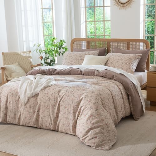 Floral Duvet Cover Queen Size - 3 Pieces Brushed Microfiber Crinkle