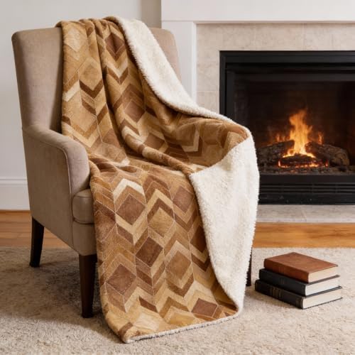 HomeRoots 50" X 70" Brown Beige and Gold Geometric Microfiber Plush