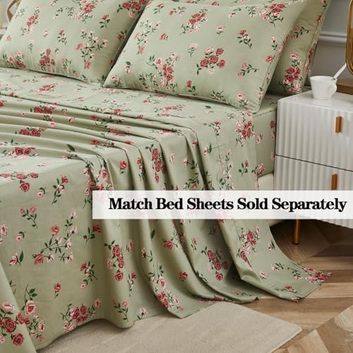 FADFAY Queen Size 100% Cotton Shabby Sage Green Floral Duvet Cover Set