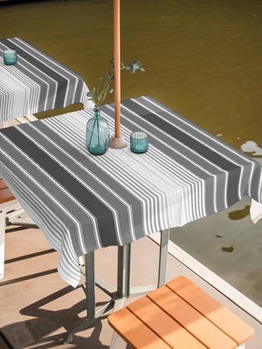 Outdoor Tablecloths with Umbrella Hole & Zipper, Gray Vertical Stripes