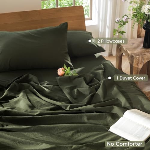 MooMee Duvet Cover Set 100% Washed Cotton Linen Like Queen