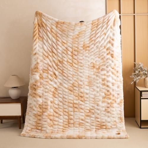 YUSOKI 1000GSM Bubble Faux Rabbit Fur Throw Blanket, Taupe Tie-Dye