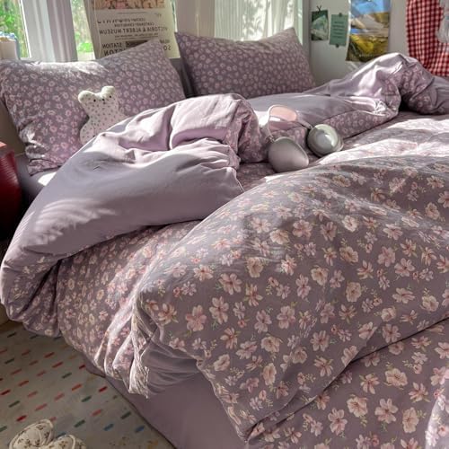 Washed Cotton Bedding Duvet Cover Set, Fresh Floral Bedding 4 Pcs Set
