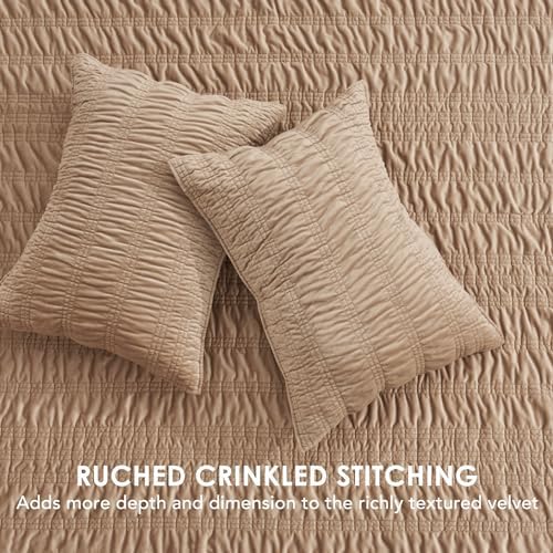 EverGrace Luxurious Soft Ruched Velvet Quilt Set King Size Khaki Tan