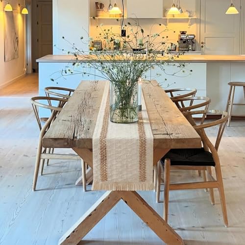 Farmhouse Decor Boho Table Runner with Macrame, Elegant Beige Brown