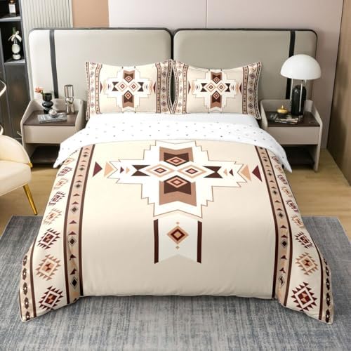 Beige Boho Duvet Cover Queen Size for Kids Boys Teens,Aztec Texture
