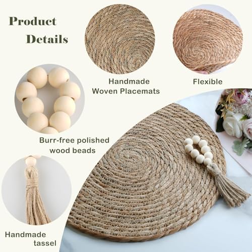Boho Woven Placemats Set of 6 with Wooden Napkin Rings, 13" Natural