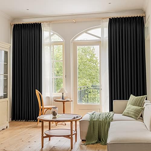 Black Blackout Pinch Pleat Curtain with Hooks Tieback for Bedroom