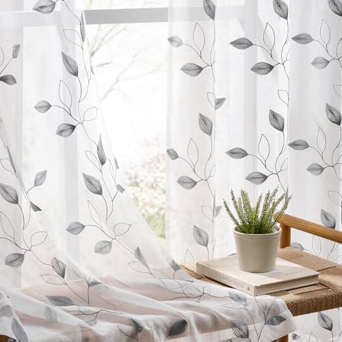 Grey on White Sheer Curtains 96 Inches Long 2 Panels for Living Room