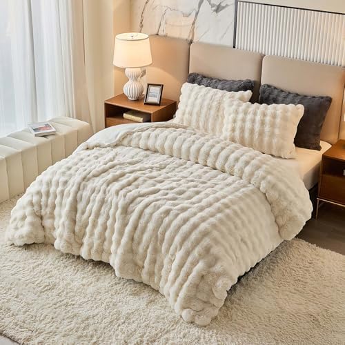 King Faux Rabbit Fur Comforter Set - 3 Pieces Fluffy Bedding Set Ultra