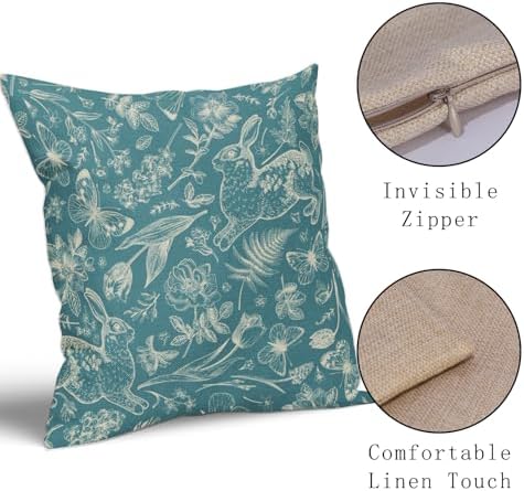 Teal Spring Easter Pillow Covers 22x22 Inch Set of 2 Rabbit Bunny