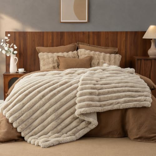 PHF Faux Fur Twin Blanket, 970 GSM Double-Sided, 60" X 80",Oak