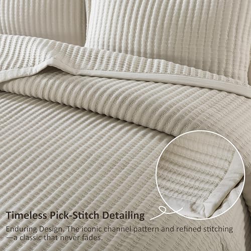 WDCOZY Beige King Size Quilt Set, Striped Pick Stitch Bedspread