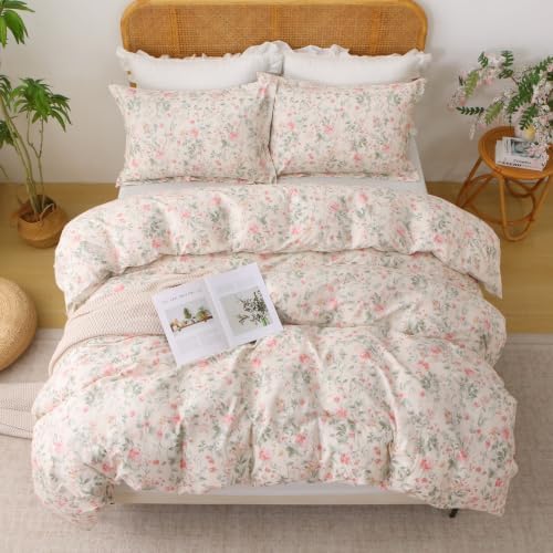 ABREEZE 100% Cotton Duvet Cover Queen Size Floral Bedding Set 3 Pieces