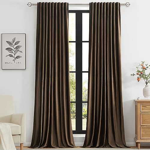 PRIMROSE Brown Velvet Curtains 72 inch Long for Living Room,Set of 2