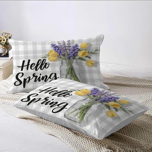 Spring Plant Illustration Duvet Cover King Size, Hand-Drawn Plaid