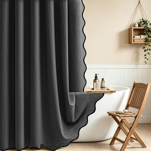Dynamene Scalloped Shower Curtain, Waffle Fabric, 72x72, Charcoal Grey