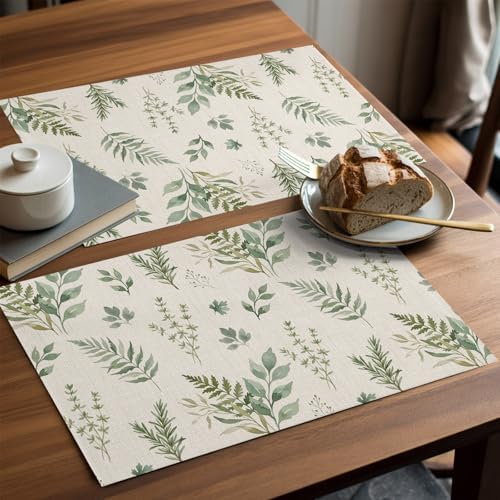 Placemats Set of 8, Green Botanical Woven Placemat, Linen Place Mats