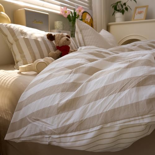 VM VOUGEMARKET Khaki Striped Duvet Cover Set,Twin(68"x86"),Khaki White