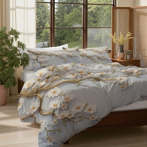Duvet Cover Set King, 3D Flower and Leaf Relief Brushed Microfiber