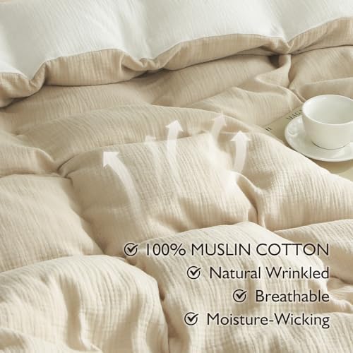 EMME Muslin Cotton Duvet Cover Set Linen Like Beige&White Queen