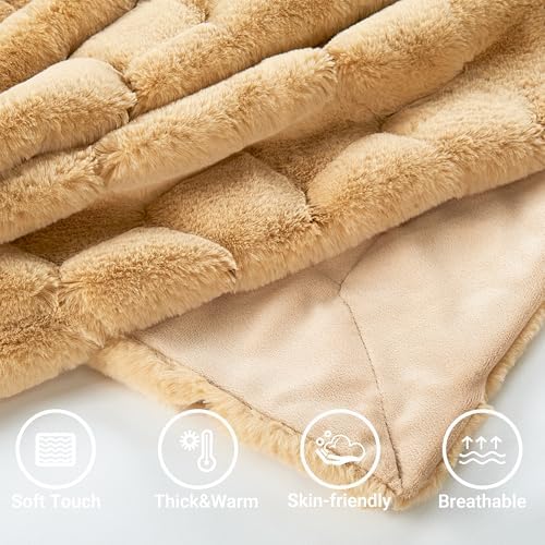 Jacquard Plaid Faux Rabbit Fur Plush Throw Blankets Reversible with