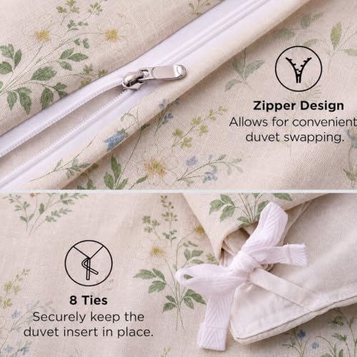 Linen Cotton Duvet Cover Set Queen Size, Green Floral Bedding Set