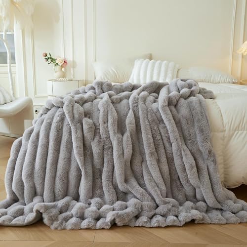 MEGO Fluffy Faux Rabbit Fur Ribbed Throw Blanket 60"x80", Gray